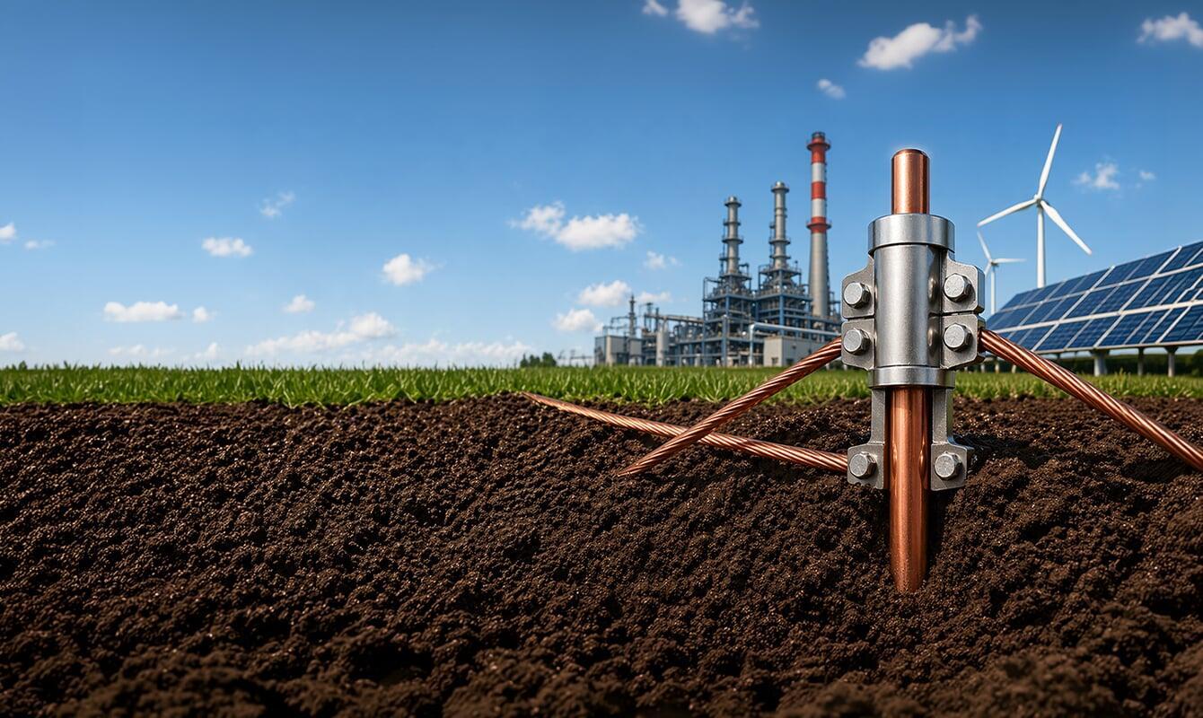 Copper earthing electrode installed in soil with industrial power plant, wind turbines and solar panels in background